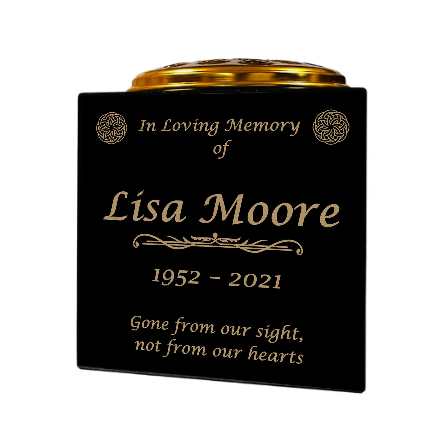 Granite Memorial Vase- Solid Granite – Free Personalised Gold Engraving, Celtic knot 2 – Includes Metal Flower Pot Insert