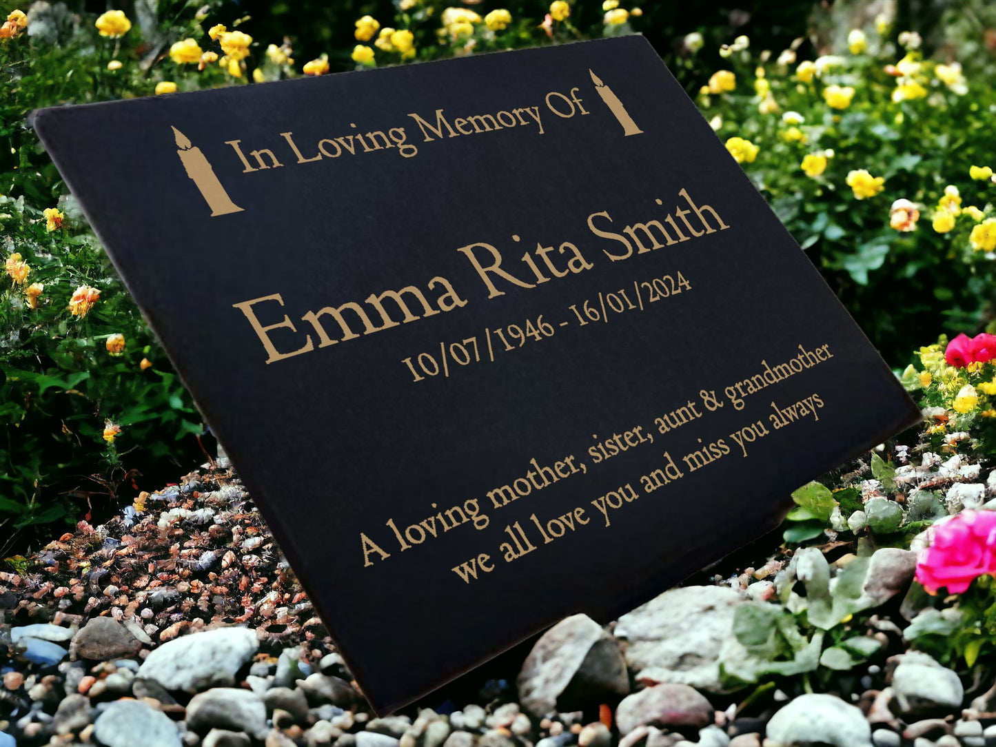 Granite Memorial Plaque, Candle, Stand Included