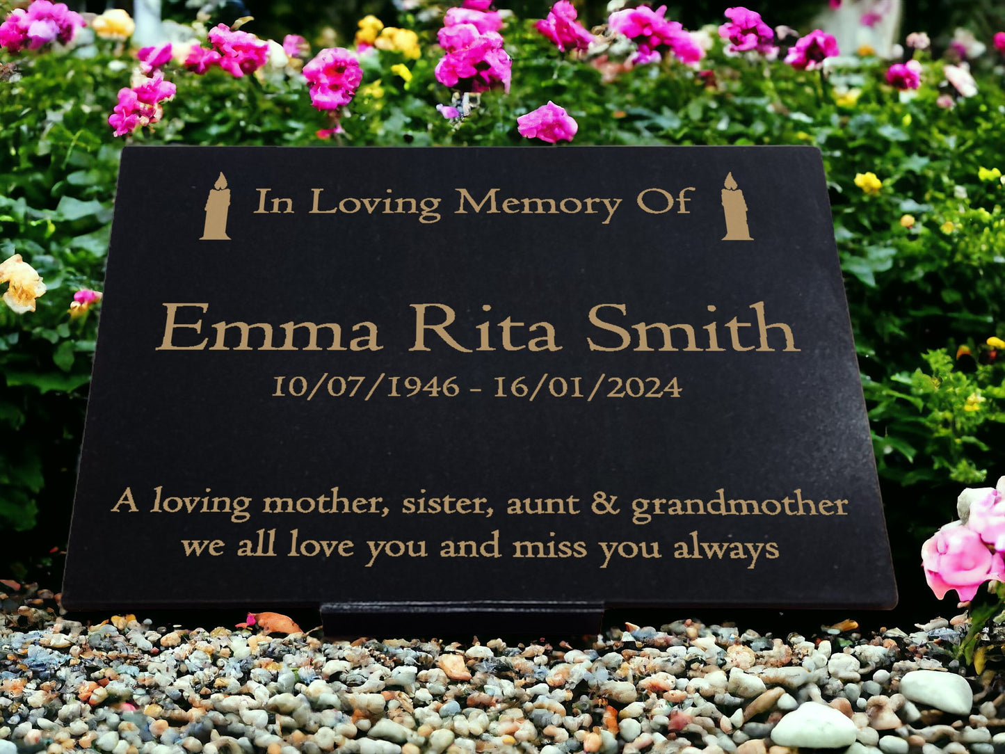 Granite Memorial Plaque, Candle, Stand Included
