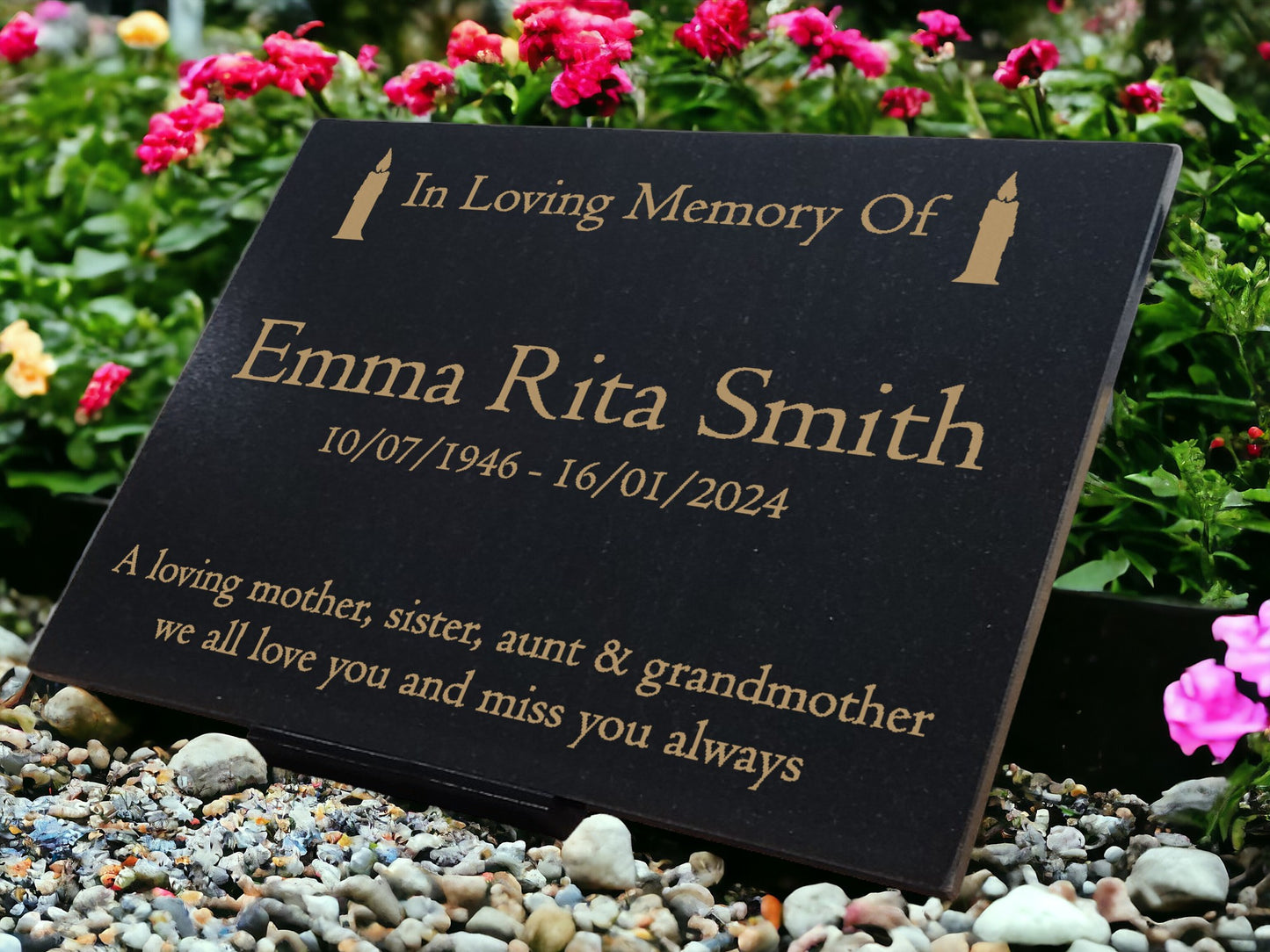Granite Memorial Plaque, Candle, Stand Included
