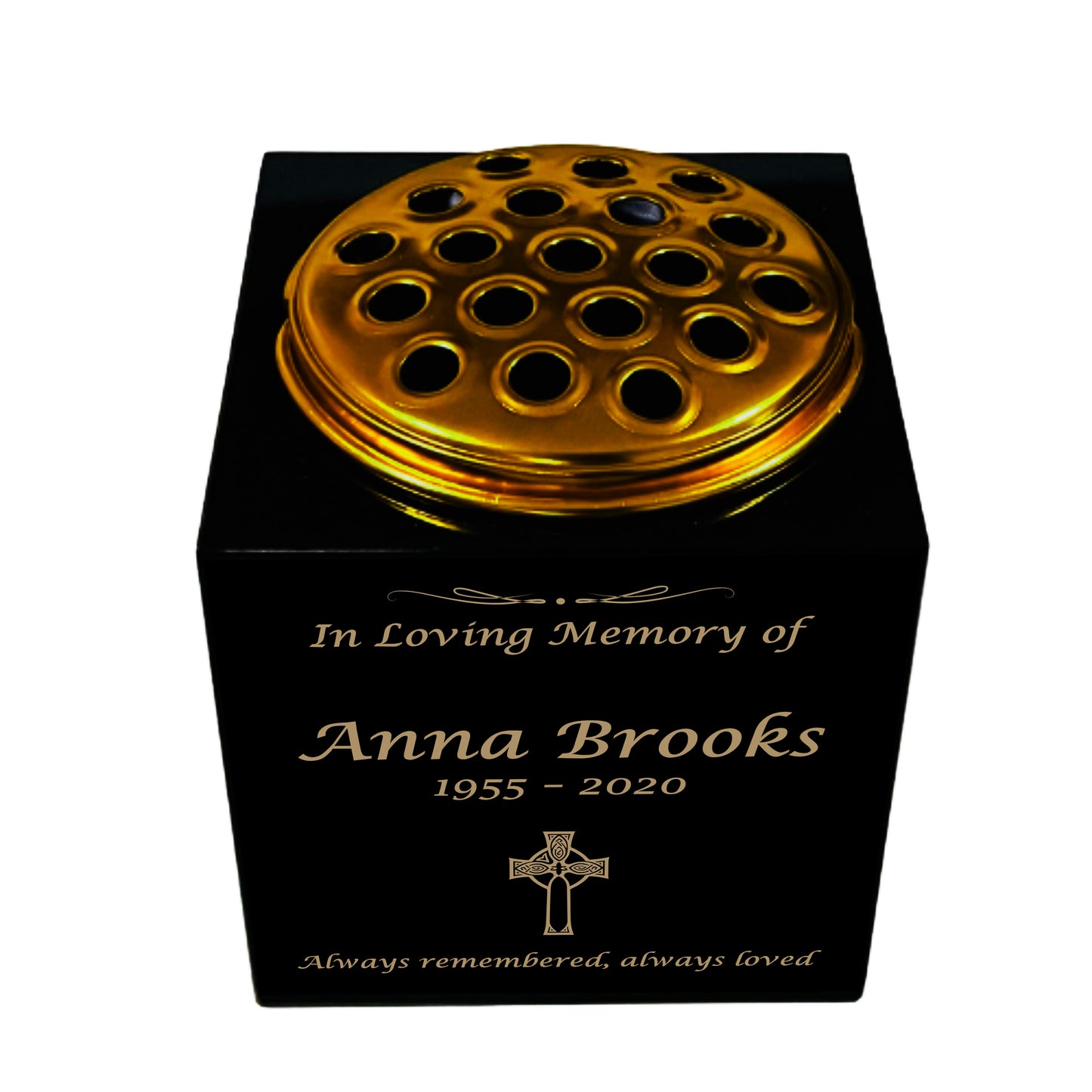 Granite Memorial Vase- Solid Granite – Free Personalised Gold Engraving, Celtic Cross – Includes Metal Flower Pot Insert