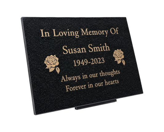Granite Memorial Plaque, Roses, Personalised, Stand Included