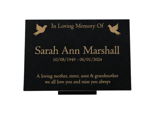 Granite Memorial Plaque, Doves, Personalised, Stand Included