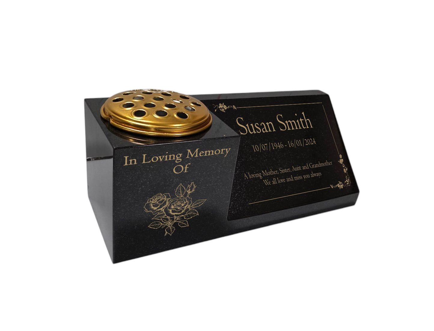 Granite Memorial Vase and Plaque Combination – Floral Design, Solid Granite (16x6x6”) with Flower Pot Insert