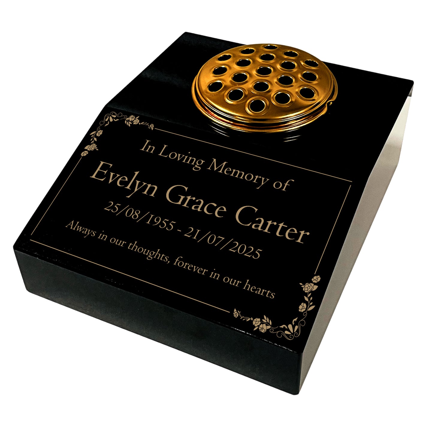 Black Granite Sloping Memorial Desk with Vase – Floral Design, Free Gold Engraving, 12x10x4"