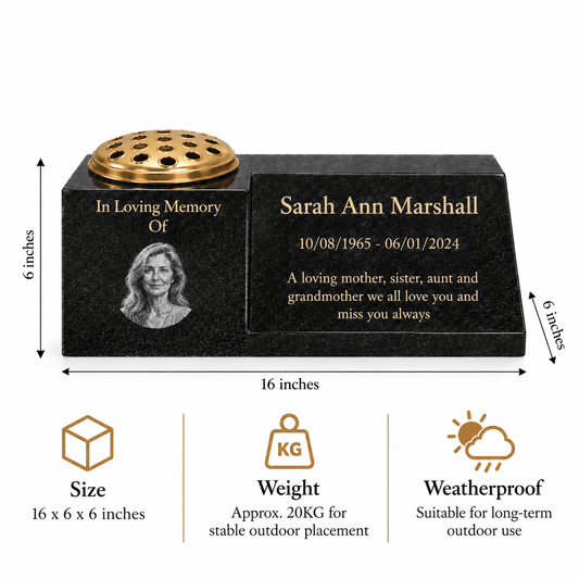 Granite Memorial Vase with Portrait and Plaque Combination, Solid Granite, 16x6x6inchs, 20KG, Includes Flower Pot Insert