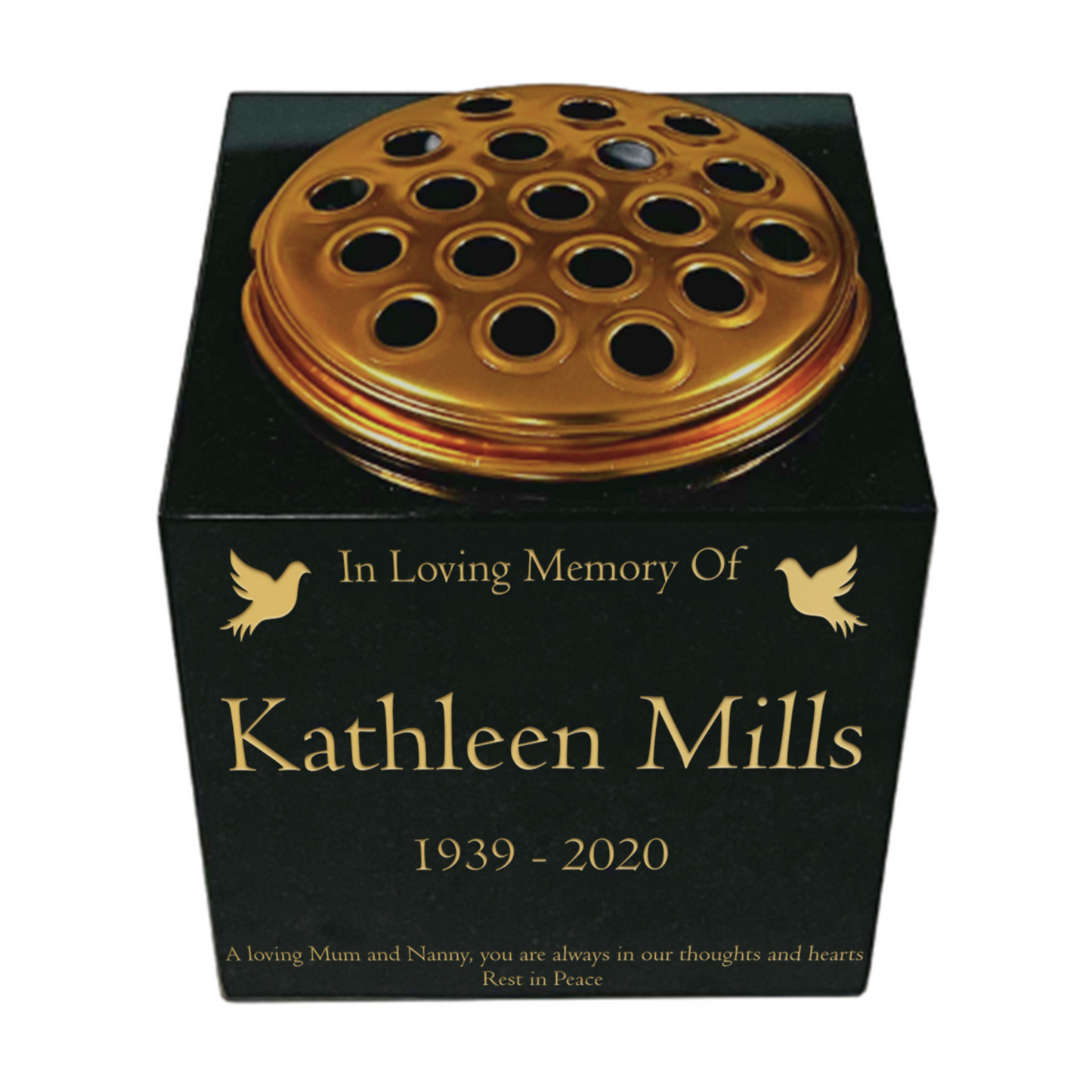 Granite Memorial Vase- Solid Granite – Free Personalised Gold Engraving, Dove – Includes Metal Flower Pot Insert