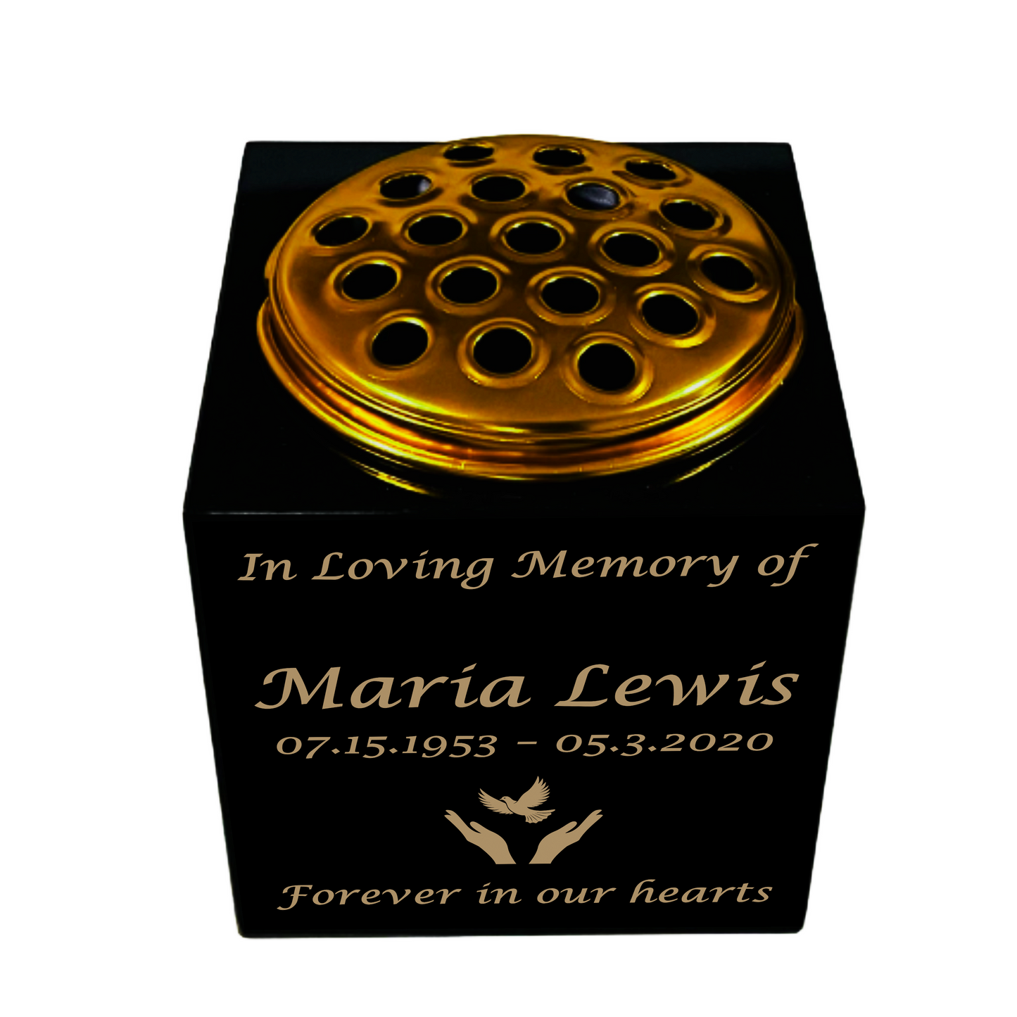 Granite Memorial Vase- Solid Granite – Free Personalised Gold Engraving, Hands with Dove – Includes Metal Flower Pot Insert