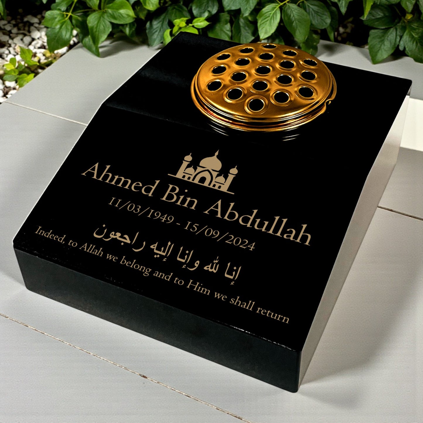 Black Granite Sloping Memorial Desk with Vase – Islamic Design 2, Free Gold Engraving, 12x10x4"