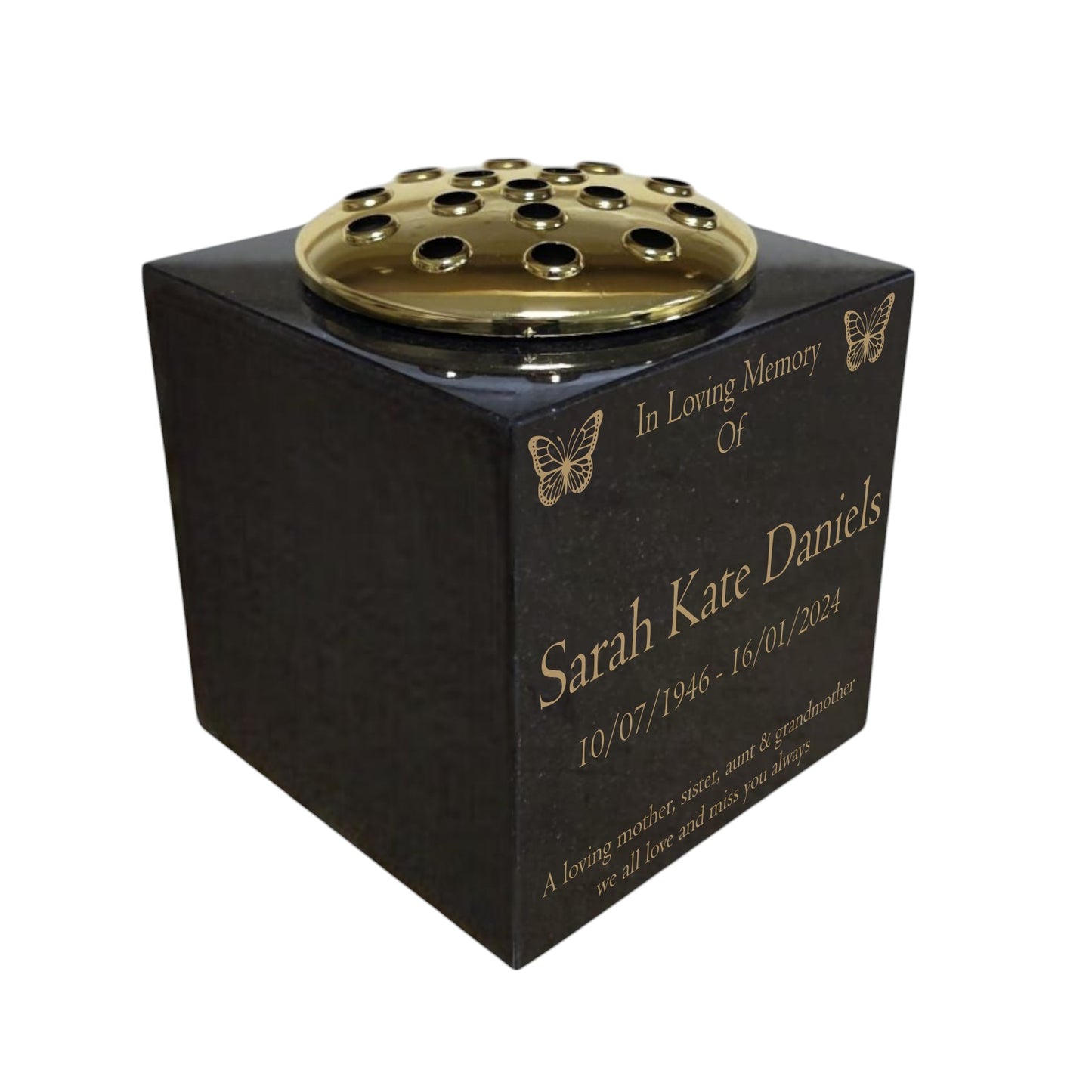 Granite Memorial Vase, Solid Granite, Butterfly, 6x6x6 Inches, 8KG, Includes Flower Pot Insert
