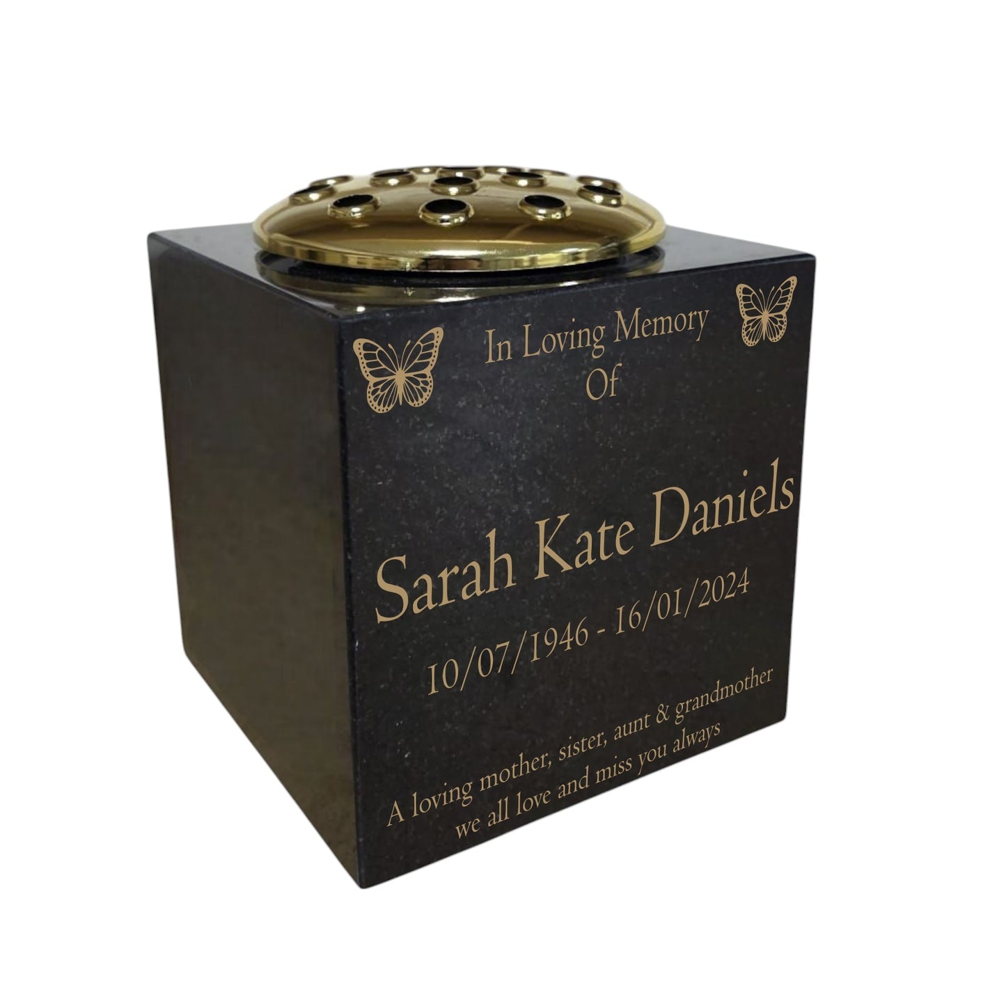 Granite Memorial Vase, Solid Granite, Butterfly, 6x6x6 Inches, 8KG, Includes Flower Pot Insert