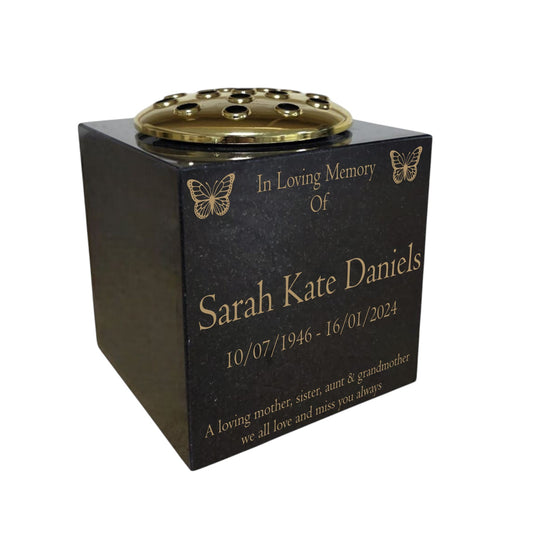 Granite Memorial Vase- Solid Granite – Free Personalised Gold Engraving , Butterfly – Includes Metal Flower Pot Insert
