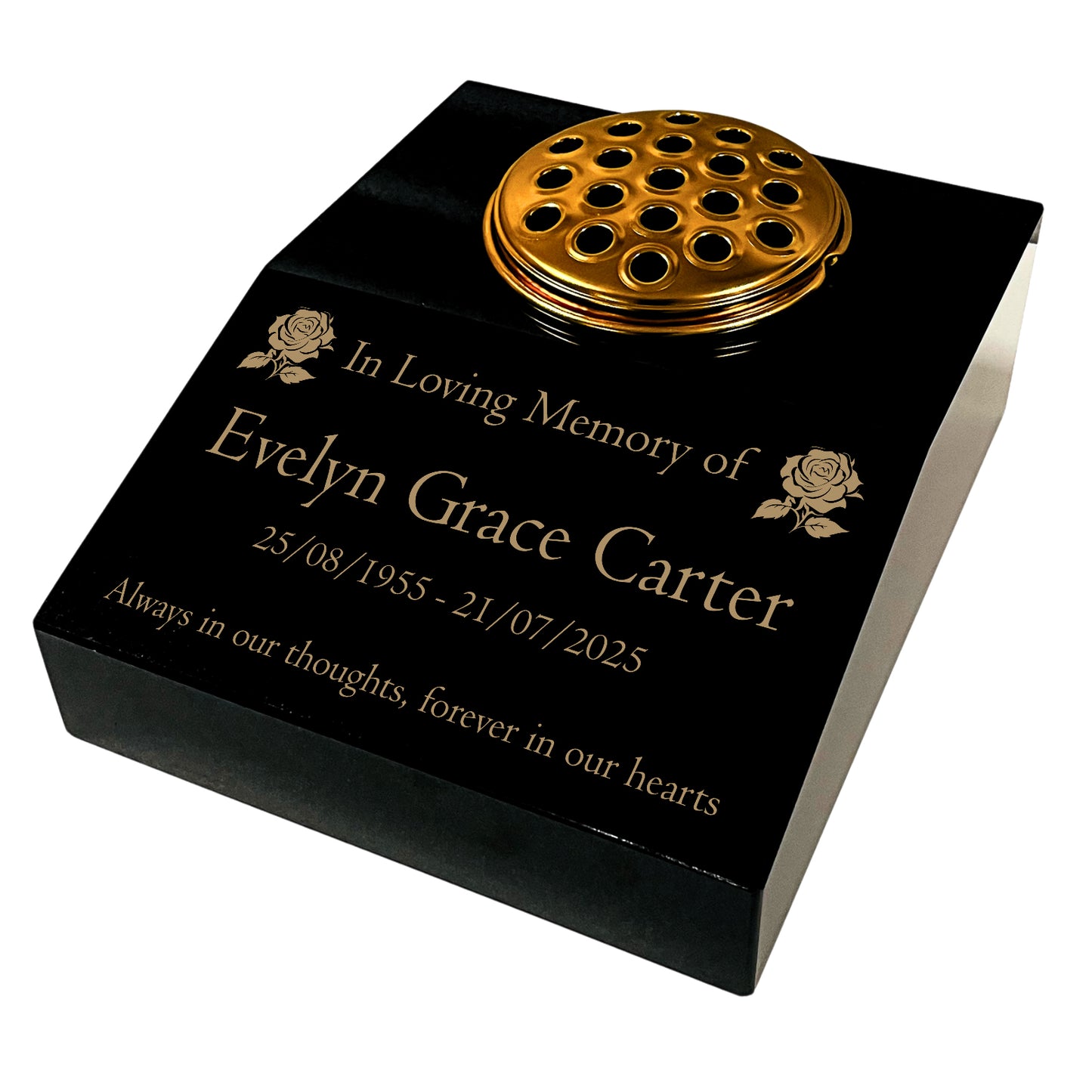 Black Granite Sloping Memorial Desk with Vase – Rose Design, Free Gold Engraving, 12x10x4"