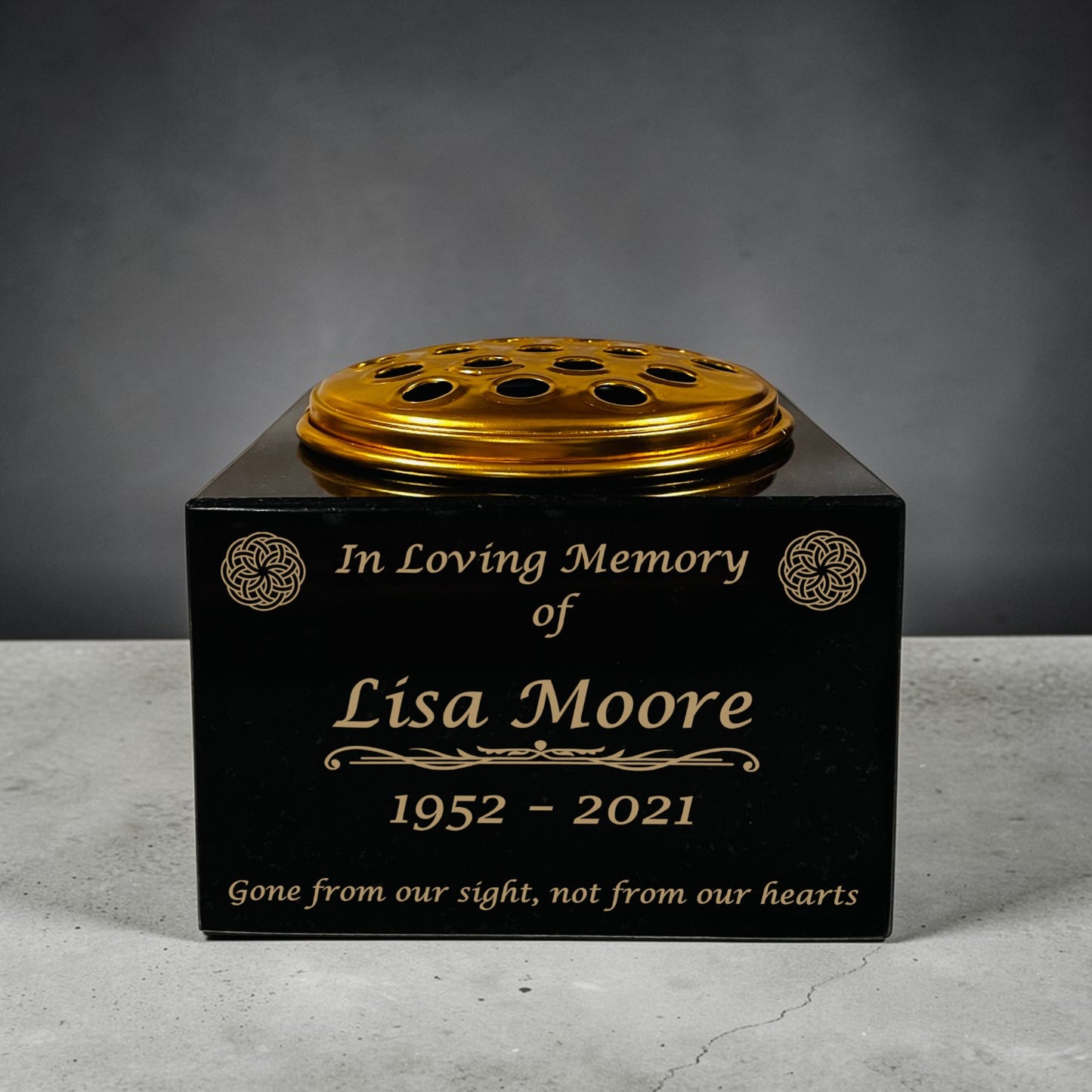 Granite Memorial Vase with Celtic Knot Design 2, Free Personalised Gold Engraving, Solid Granite 6 x 6 x 4 Inches