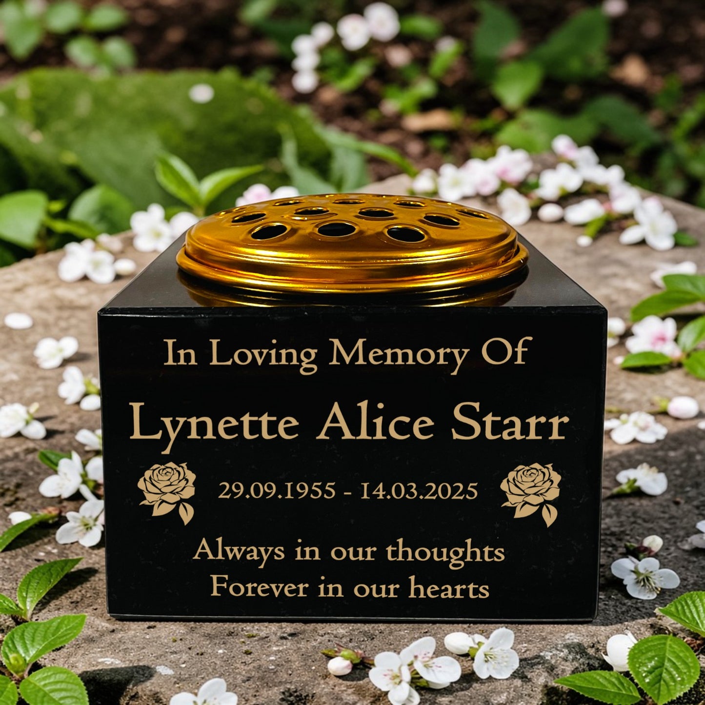 Granite Memorial Vase with Rose Design, Free Personalised Gold Engraving, Solid Granite 6 x 6 x 4 Inches