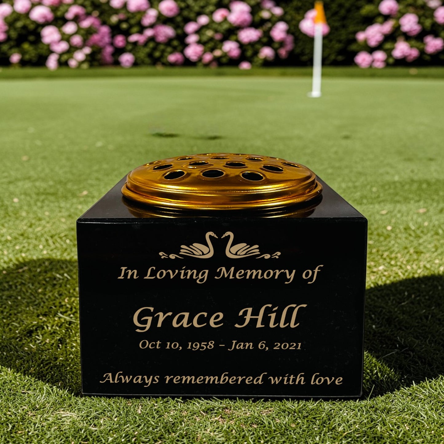 Granite Memorial Vase with Swan Design 1, Free Personalised Gold Engraving, Solid Granite 6 x 6 x 4 Inches