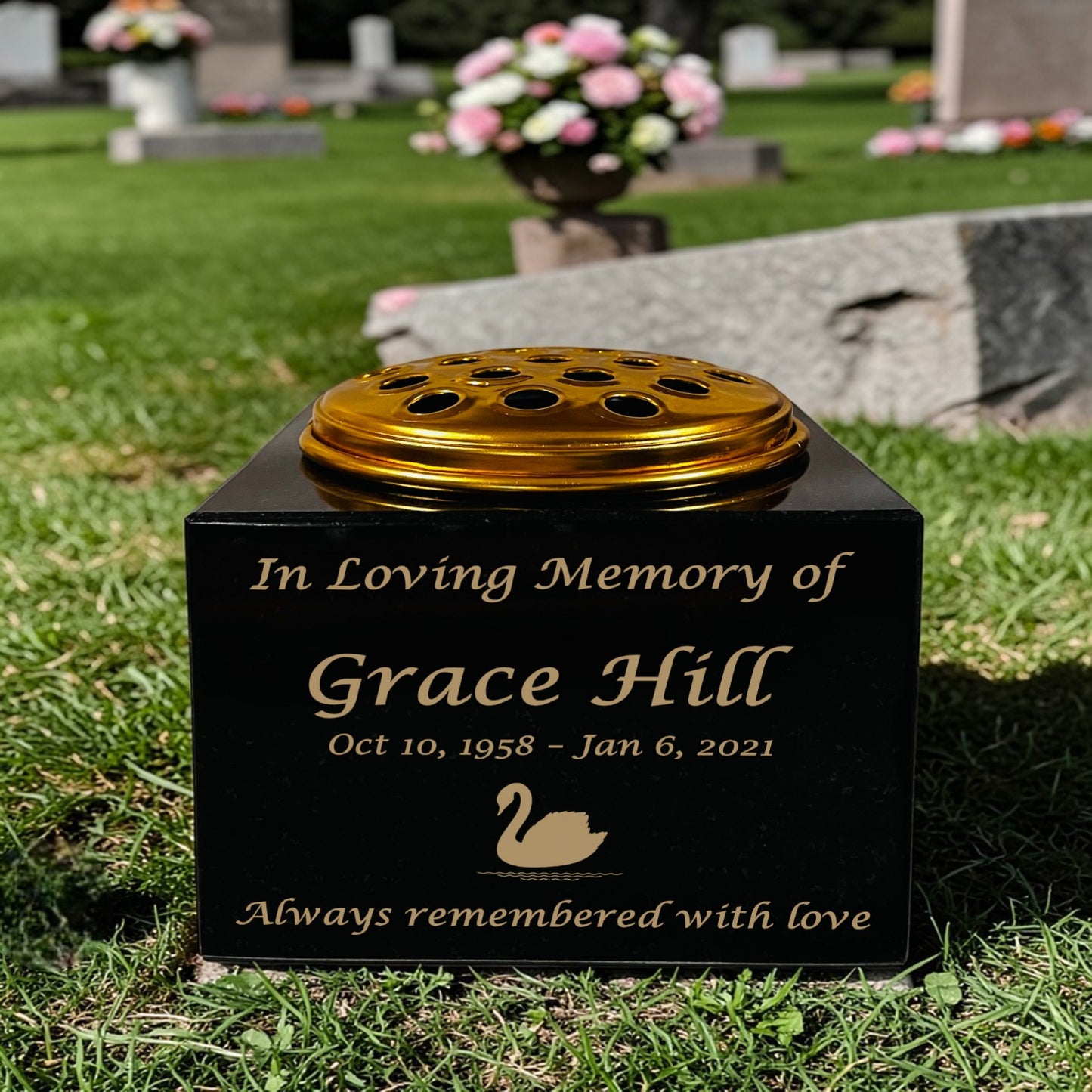 Granite Memorial Vase with Swan Design 2, Free Personalised Gold Engraving, Solid Granite 6 x 6 x 4 Inches
