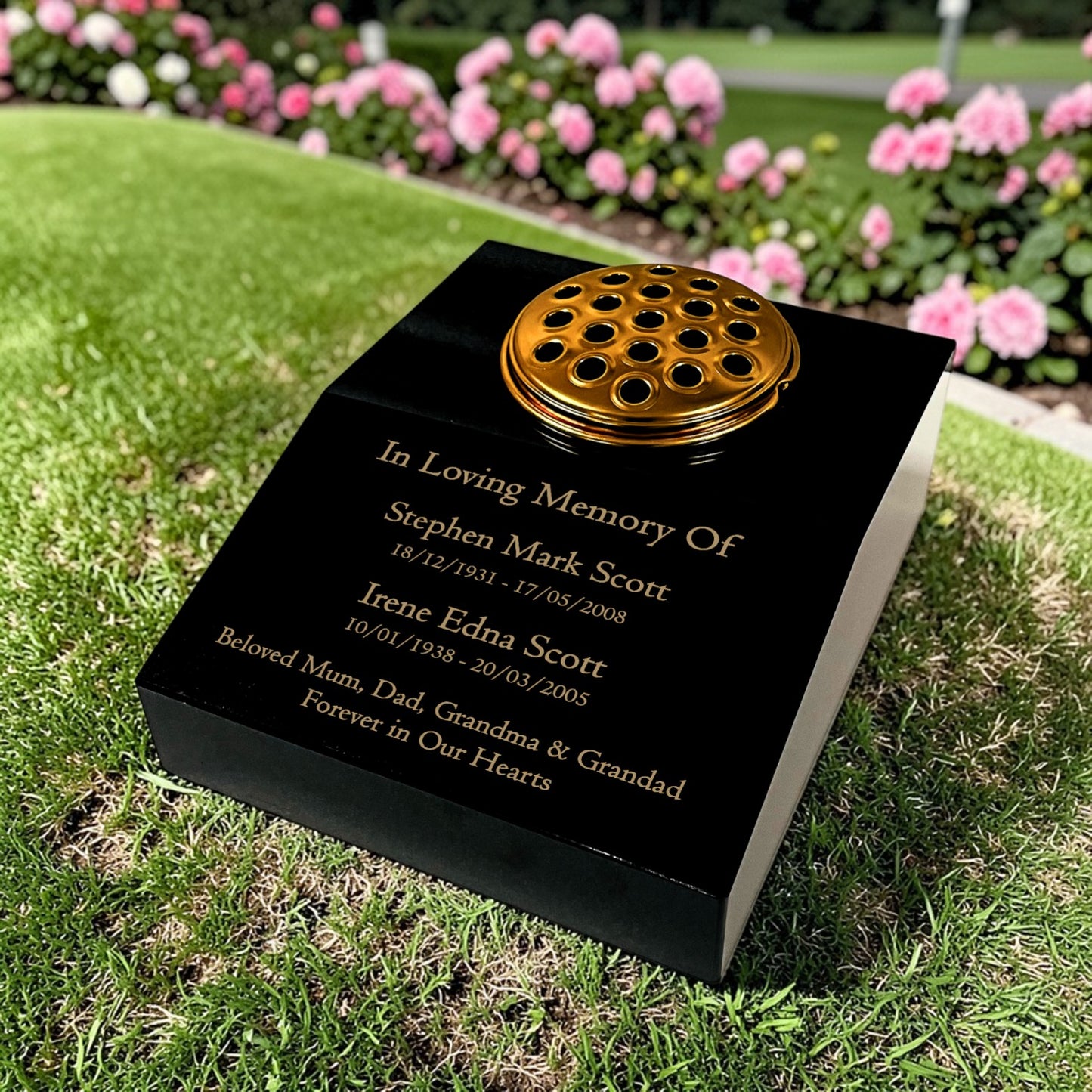 Black Granite Sloping Memorial Desk with Vase for Two Names Free Personalised Gold Engraving