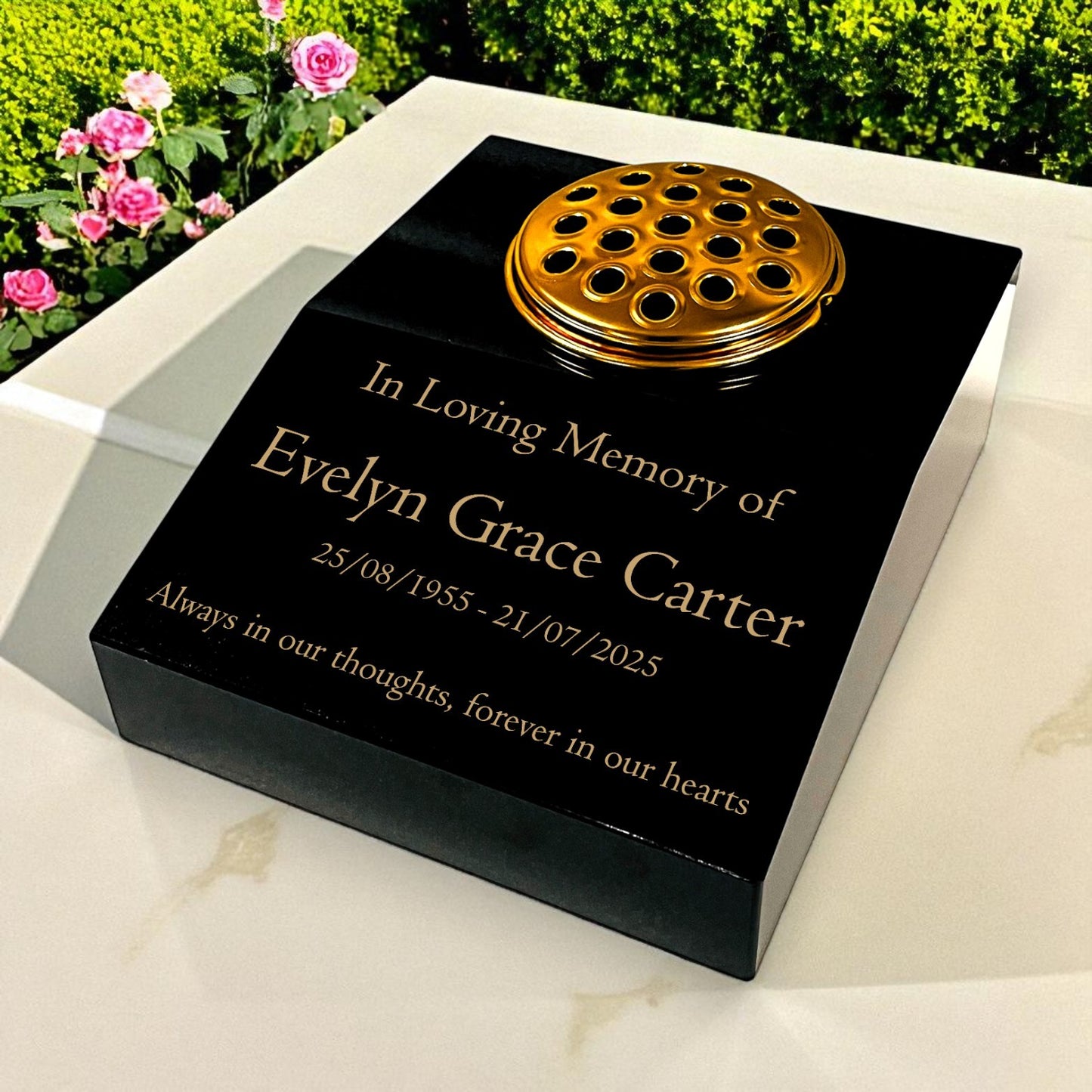 Black Granite Sloping Memorial Desk with Vase – Free Gold Engraving, 12x10x4"