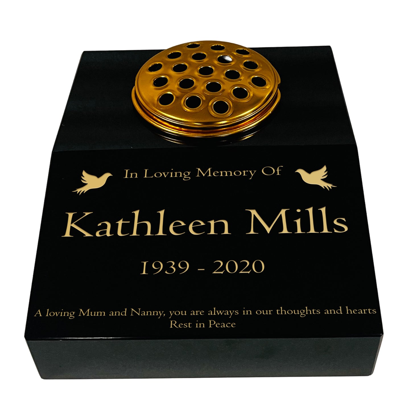 Granite Memorial Sloping Desk With Vase- Solid Premium Black Granite – Free Personalised Gold Engraving, Dove – Includes Metal Flower Pot Insert 12x10x4 inches