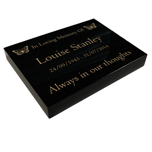Granite Memorial Tablet with Butterfly Design, Free Personalised Gold Engraving, Polished Black Granite