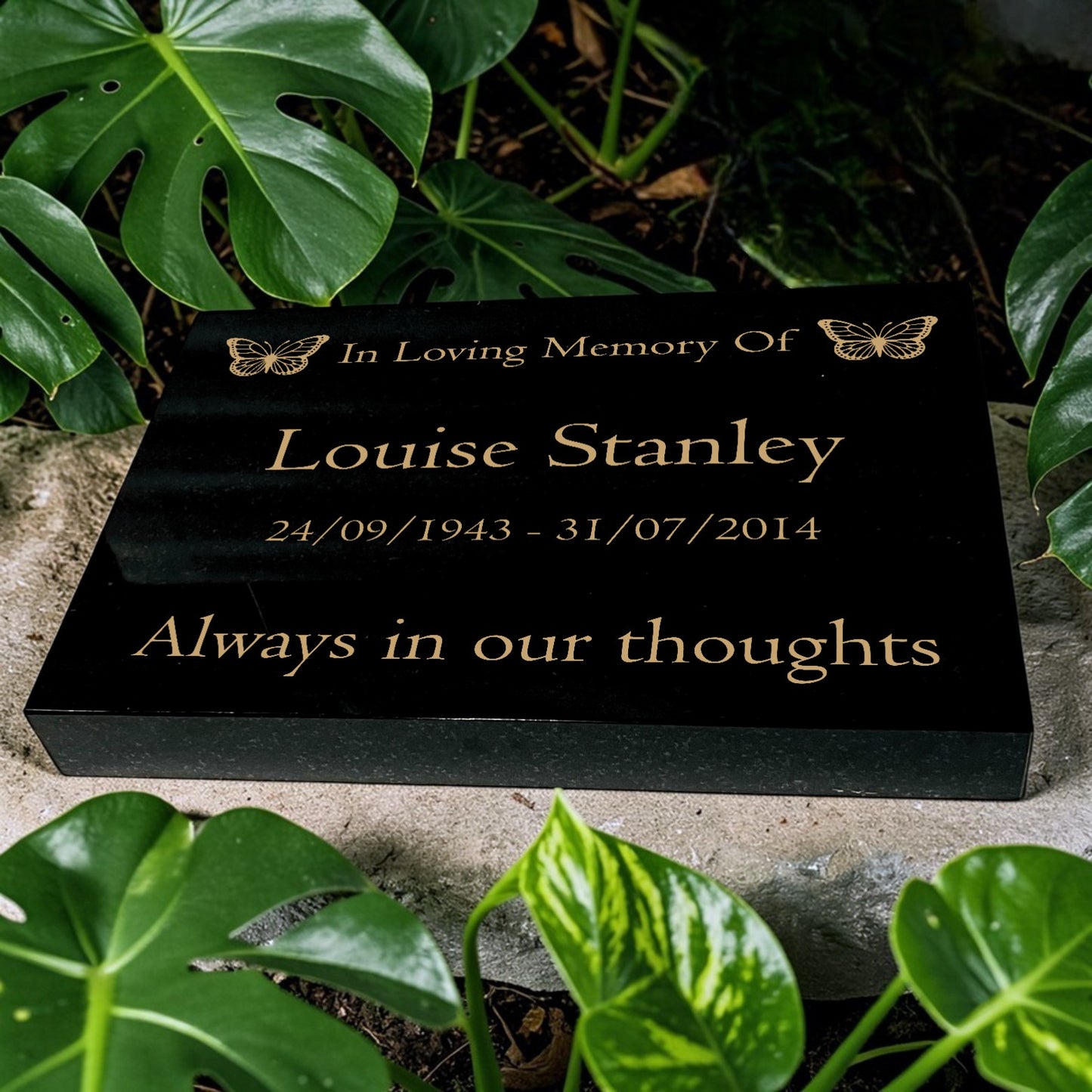 Granite Memorial Tablet with Butterfly Design, Free Personalised Gold Engraving, Polished Black Granite