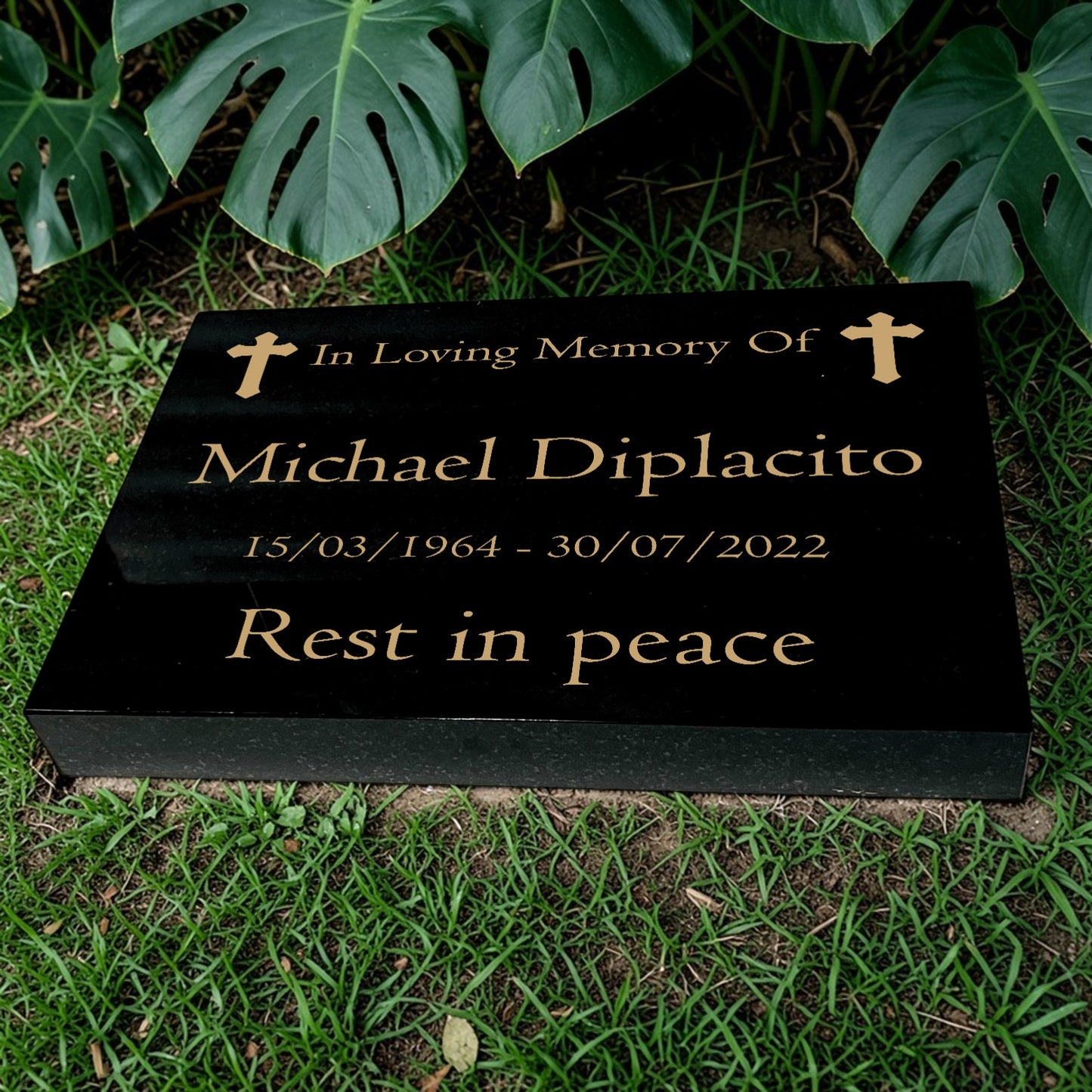 Granite Memorial Tablet with Cross Design, Free Personalised Gold Engraving, Polished Black Granite