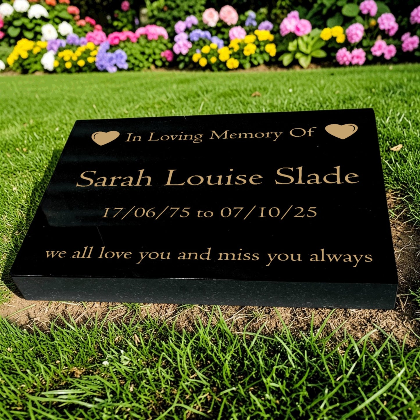 Granite Memorial Tablet with Heart Design, Free Personalised Gold Engraving, Polished Black Granite