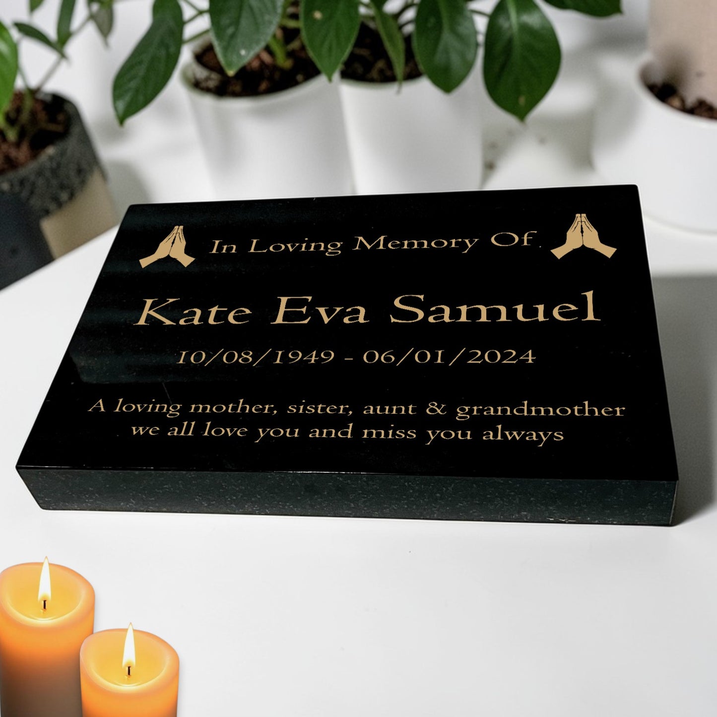 Granite Memorial Tablet with Praying Hands Design, Free Personalised Gold Engraving, Polished Black Granite