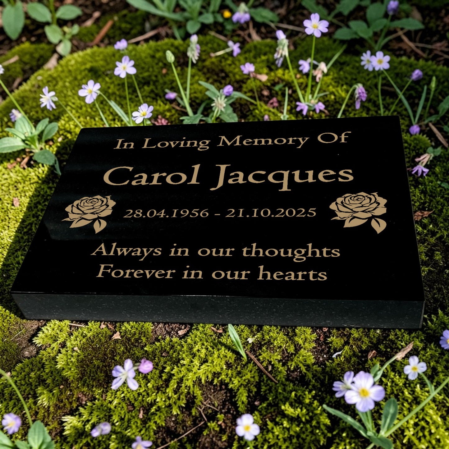 Granite Memorial Tablet with Rose Design, Free Personalised Gold Engraving, Polished Black Granite