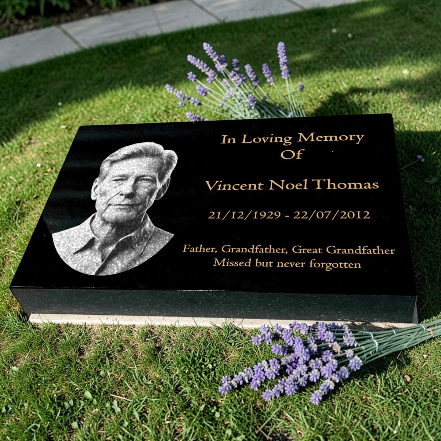 Granite Memorial Tablet, Engraved Photo, Free Personalised Gold Engraving, Polished Black Granite