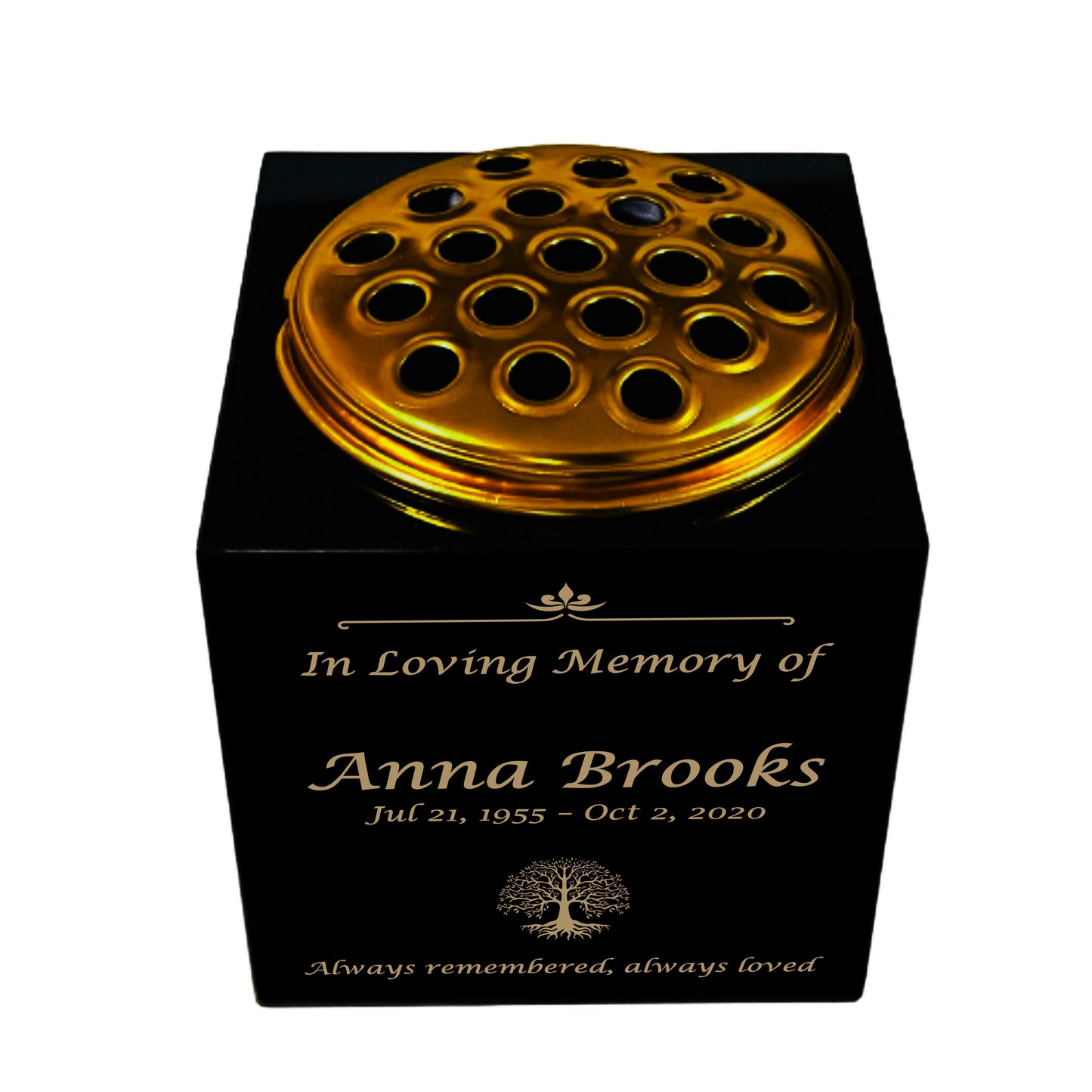 Granite Memorial Vase- Solid Granite – Free Personalised Gold Engraving, Tree of life – Includes Metal Flower Pot Insert