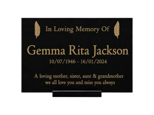 Granite Memorial Plaque, Feather Design, Personalised Engraved Tribute
