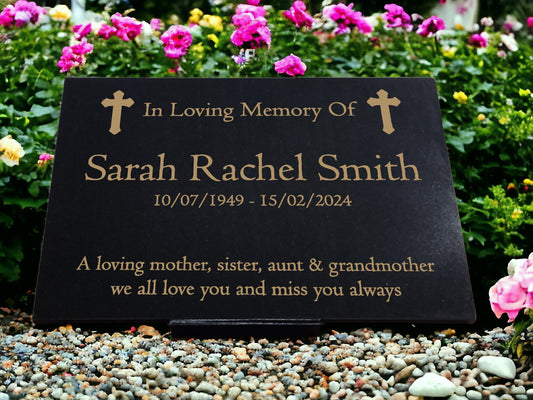Granite Memorial Plaque, Crosses, Personalised, Stand Included