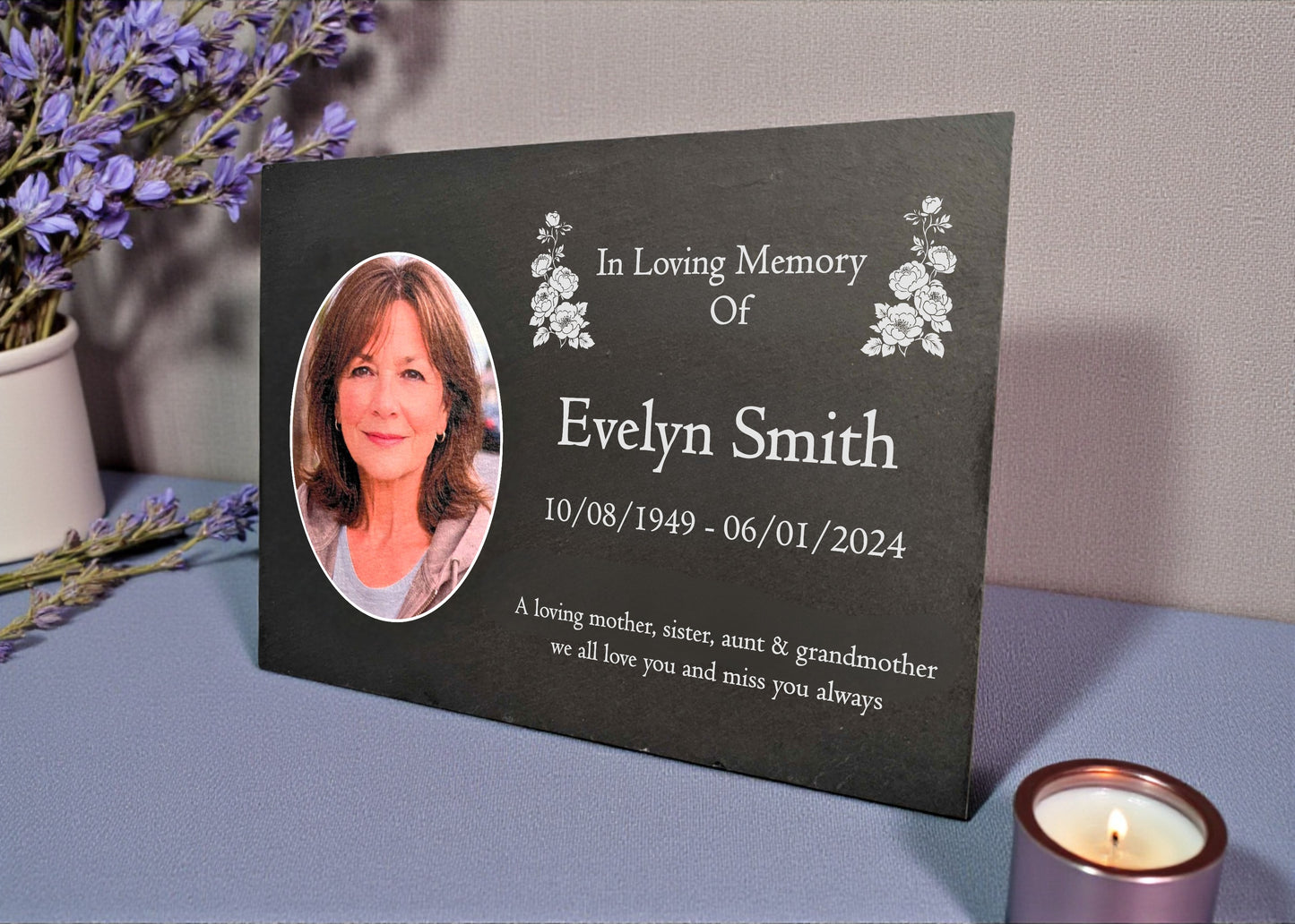 Photo Slate Memorial Plaque, Peony, Add a Portrait & Personalised Text | 35×25cm (14×10”)