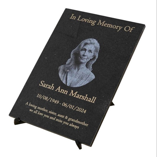 Granite Memorial Etched Portrait Plaque, Add a Portrait, Personalised Text and Stand Included