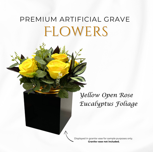 Premium Artificial Grave Flowers – Yellow Open Roses with Eucalyptus (25cm) | Memorial Vase Pot
