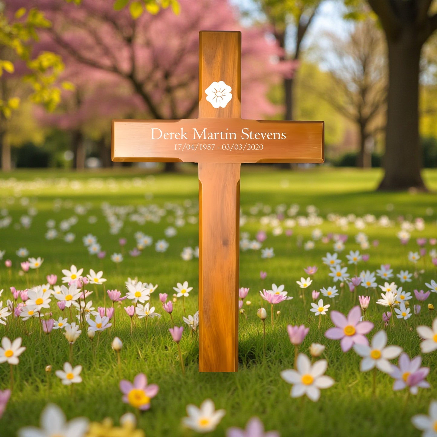 Personalised Mahogany Memorial Cross, Poppy – Durable Wooden Grave Marker for Outdoor Use