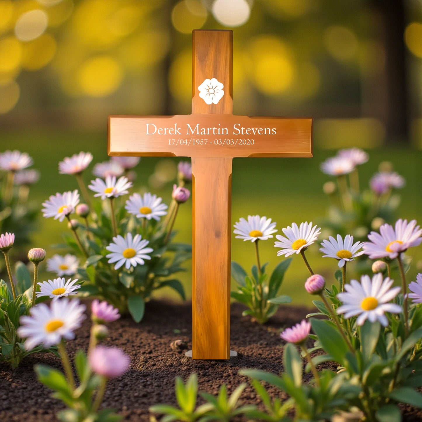 Personalised Mahogany Memorial Cross, Poppy – Durable Wooden Grave Marker for Outdoor Use