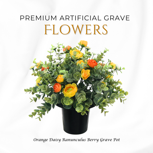 Premium Artificial Grave Flowers – Orange Daisies with Ranunculus & Berries (25cm) | Memorial Vase Pot