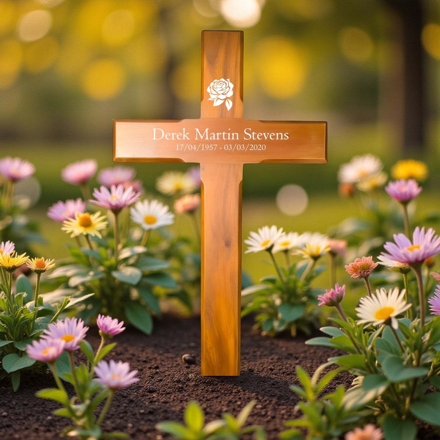 Personalised Mahogany Memorial Cross, Rose – Durable Wooden Grave Marker for Outdoor Use