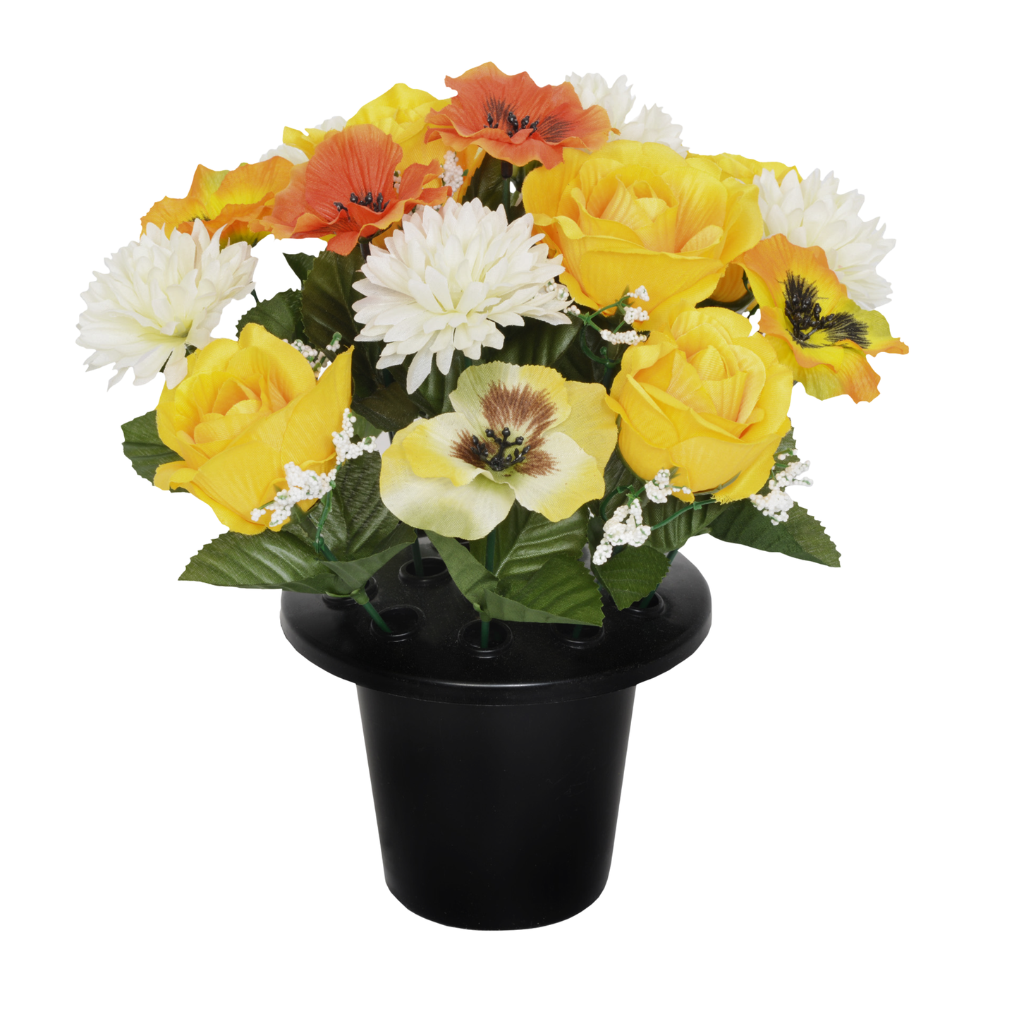 Premium Artificial Grave Flowers – 25cm Yellow Rose With Chrysanthemum & Pansy | Memorial Vase Pot