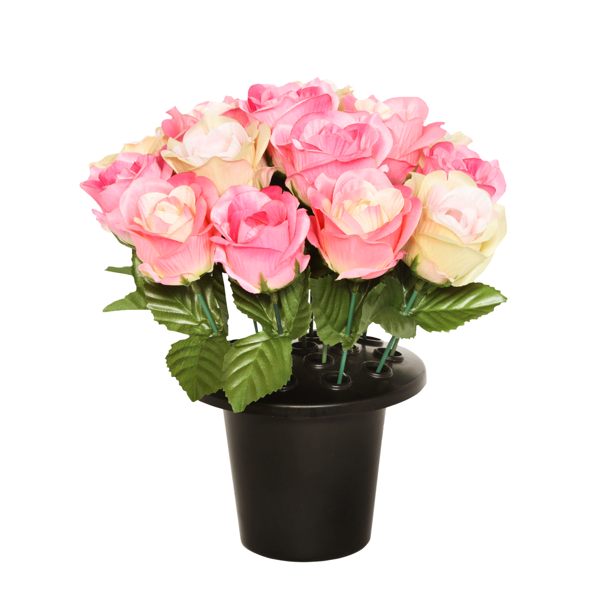 Premium Artificial Grave Flowers – Pink Open Roses (25cm) | Memorial Vase Pot