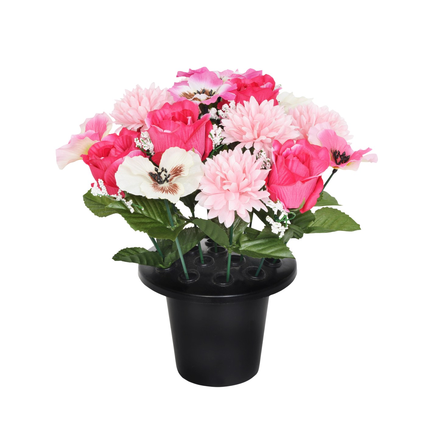 Premium Artificial Grave Flowers – 25cm Pink Rose With Chrysanthemum & Pansy | Memorial Vase Pot