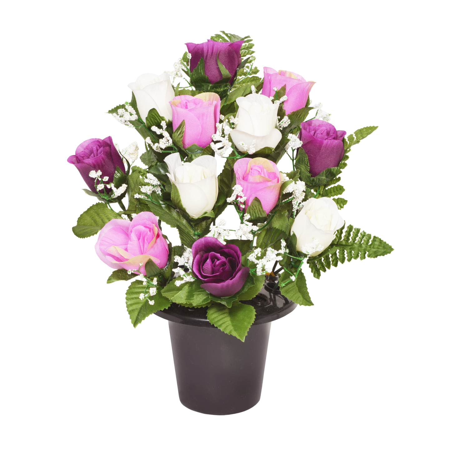 Premium Artificial Grave Flowers – 29cm Purple Frontal Rosebud With Fern & Gypsophila | Memorial Vase Pot