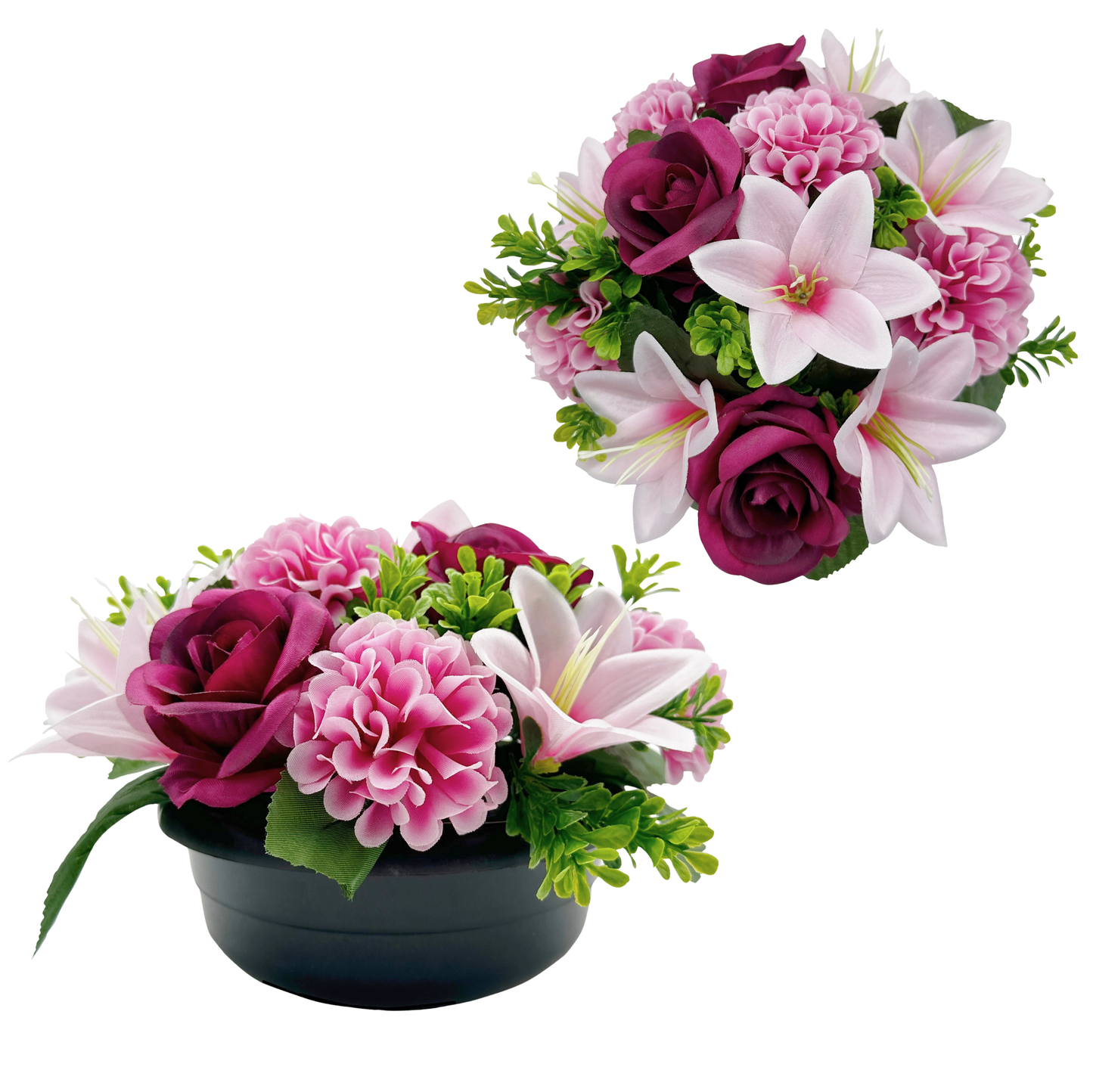 Premium Artificial Grave Flowers – 24cm Burgundy Rose With Lily & Chrysanthemum | Weighted Pot