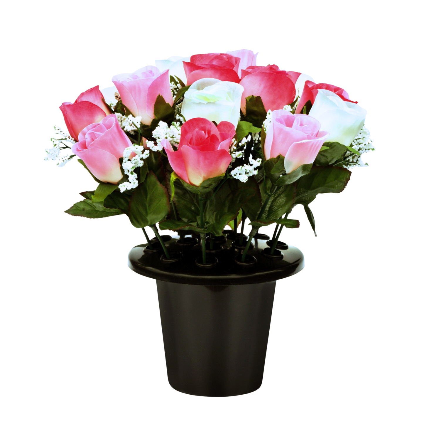 Premium Artificial Grave Flowers – 25cm Pink Rosebud With Gypsophila | Memorial Vase Pot