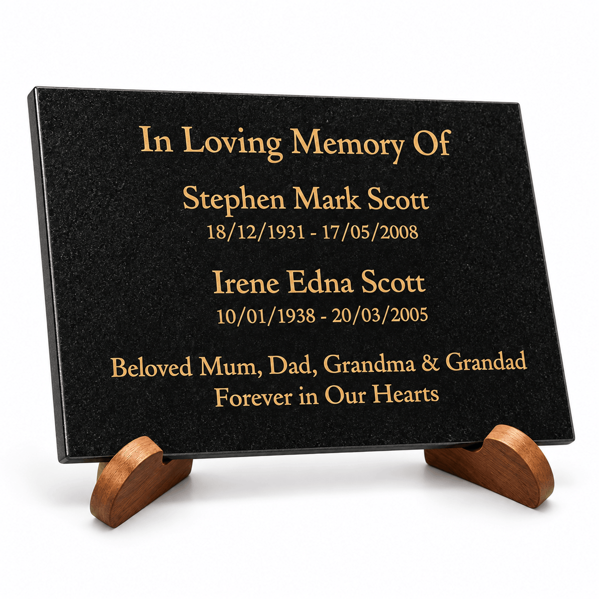 Granite Memorial Plaque for Two Names, Free Personalised Gold Engraving, Polished Granite