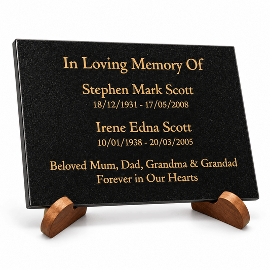 Granite Memorial Plaque for Two Names, Free Personalised Gold Engraving, Polished Granite