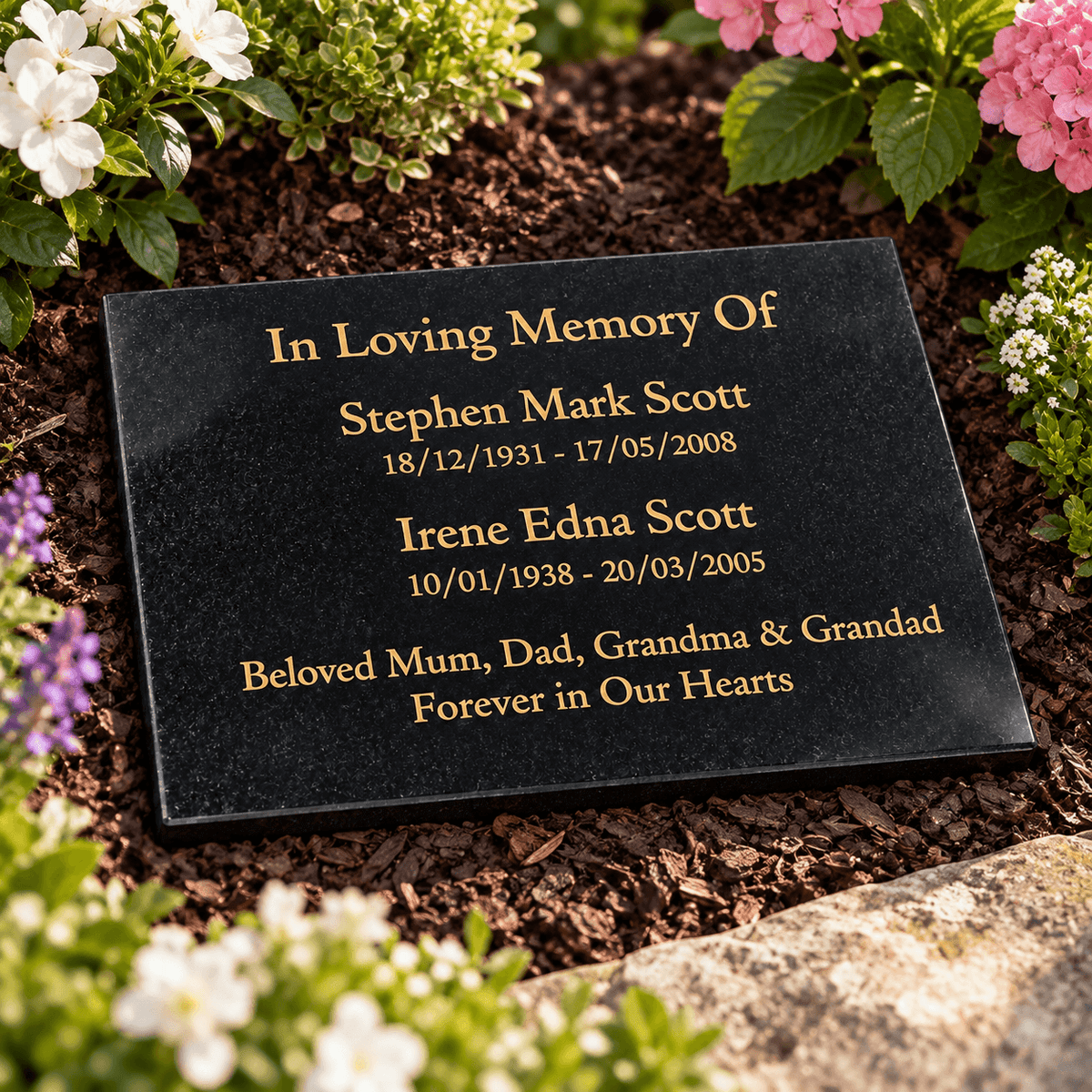 Granite Memorial Plaque for Two Names, Free Personalised Gold Engraving, Polished Granite